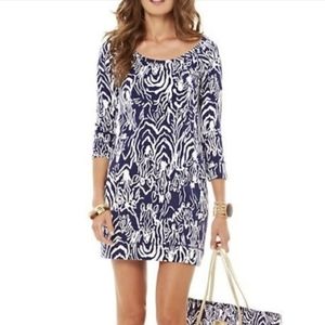 LILLY PULITZER Preston Blue White Zebra Stripe 3/4 long sleeve cozy Cotton Dress